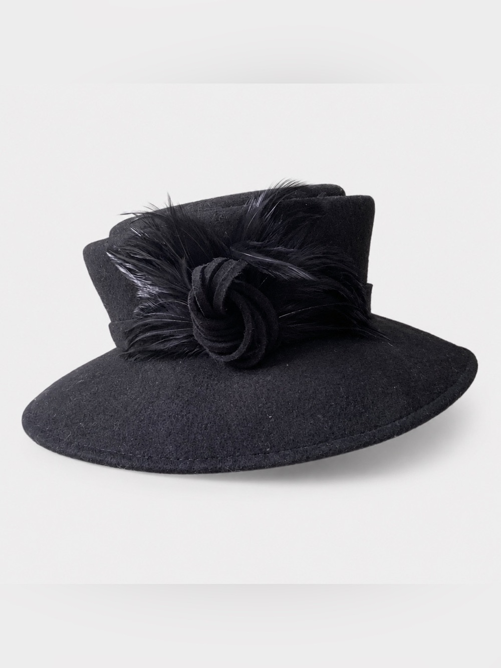 Accessorize Black Wool Felt Hat with Feather Rosette
